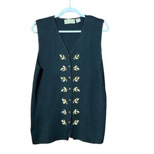 Vintage Gina Peters Black Embroidered Sweater Vest Size Women's Size Large